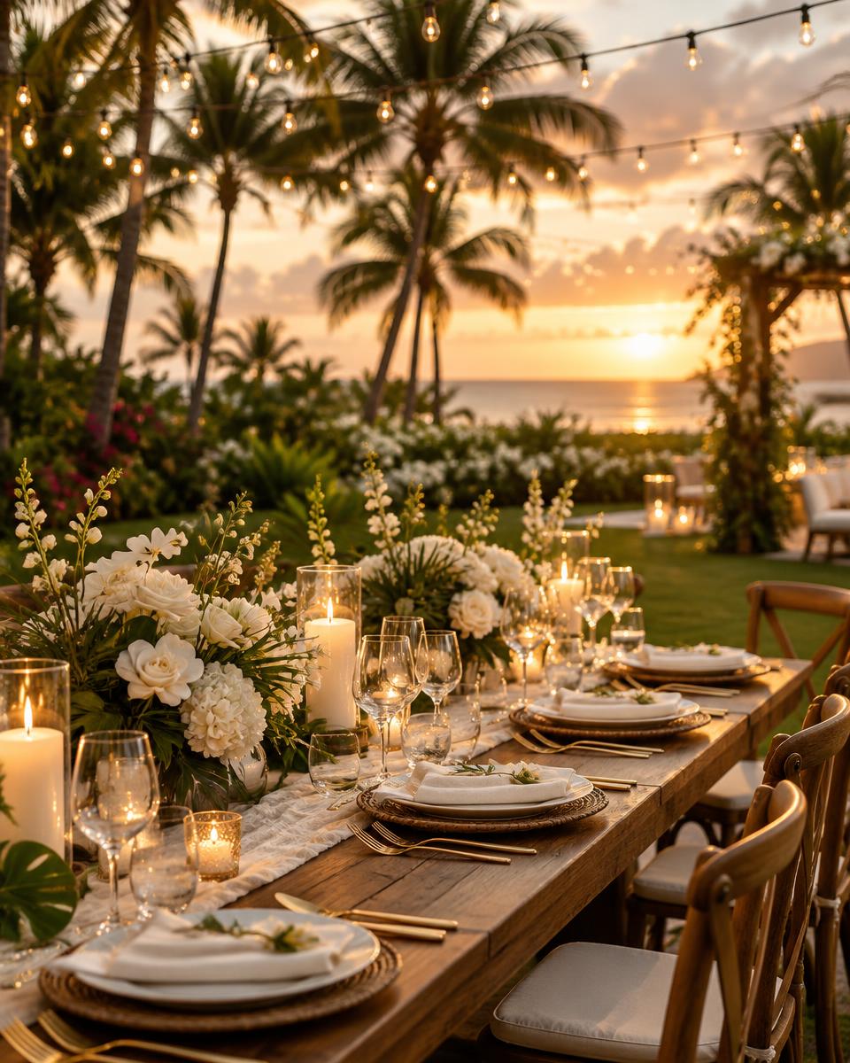 Wedding reception table at a garden estate at sunset