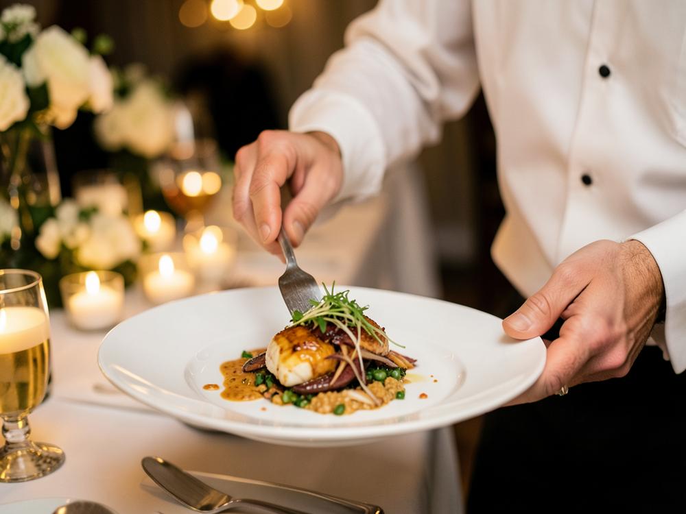 A server plating an elegant dish at a wedding dinner