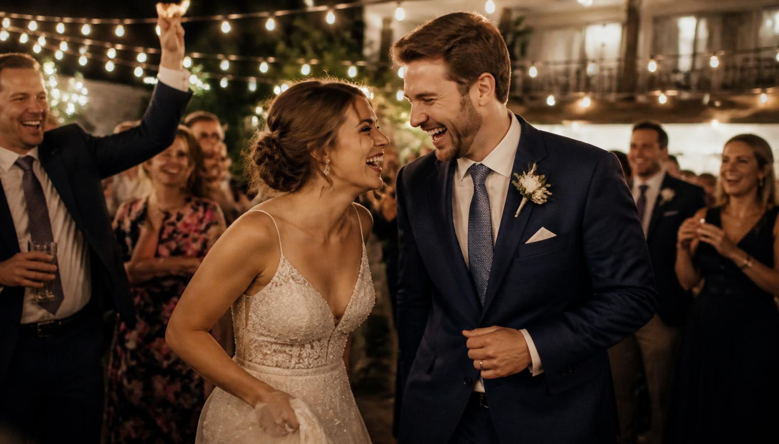 A bride and groom laughing together as guests celebrate around them