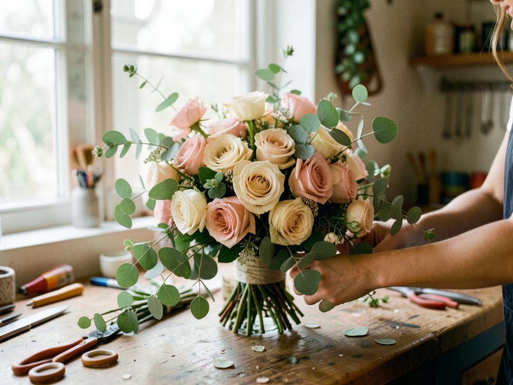 A florist arranging a bridal bouquet of roses