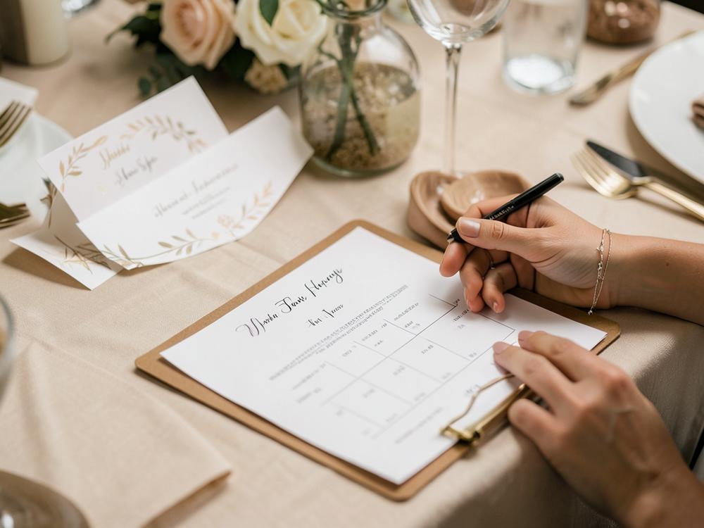 A planner writing on a seating chart beside place cards