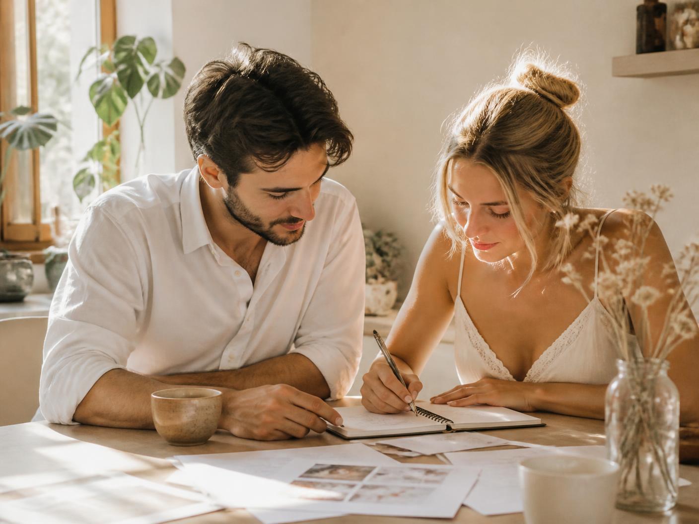 A couple planning their wedding together at a sunlit table